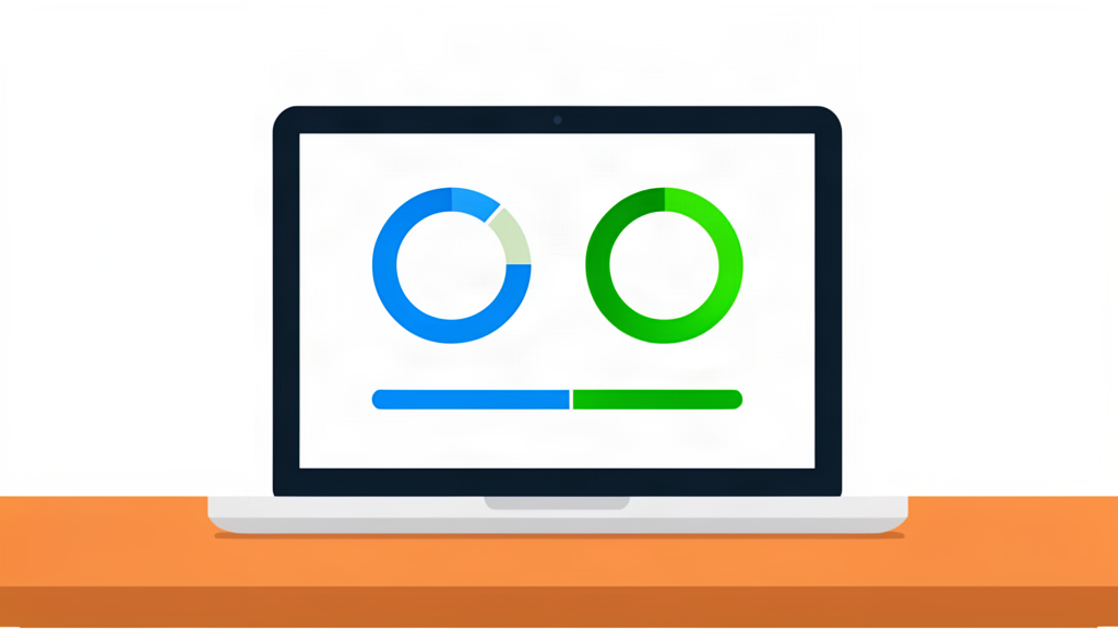 Een laptop met een snelheidstestmeter met download- en uploadmeters en een voortgangsbalk