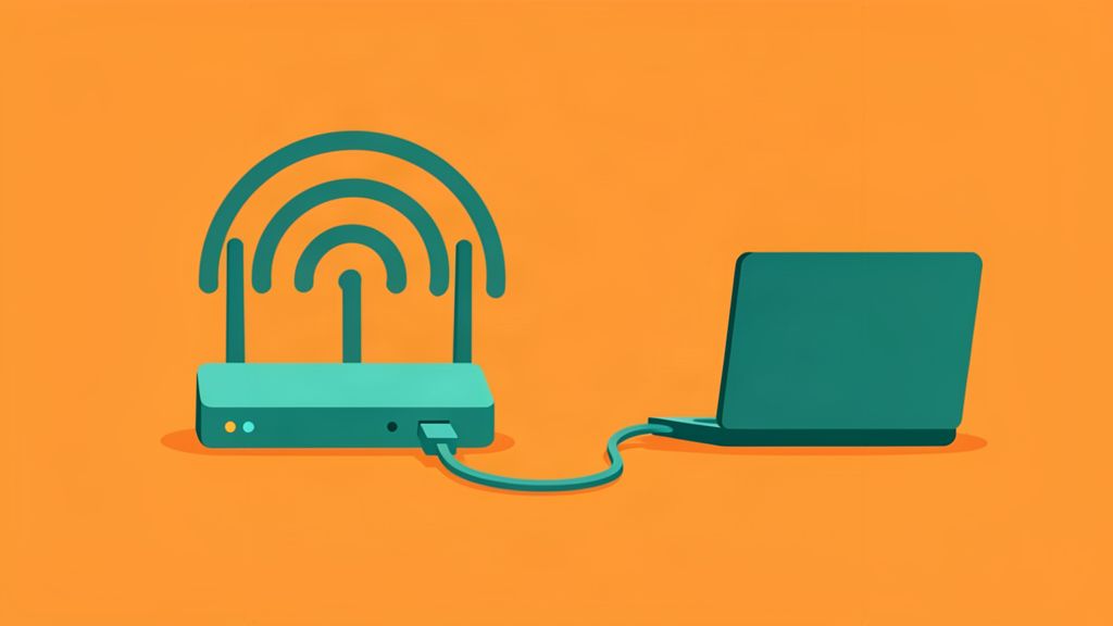 Een wifirouter met signaalgolven en een ethernetkabel verbonden met een laptop