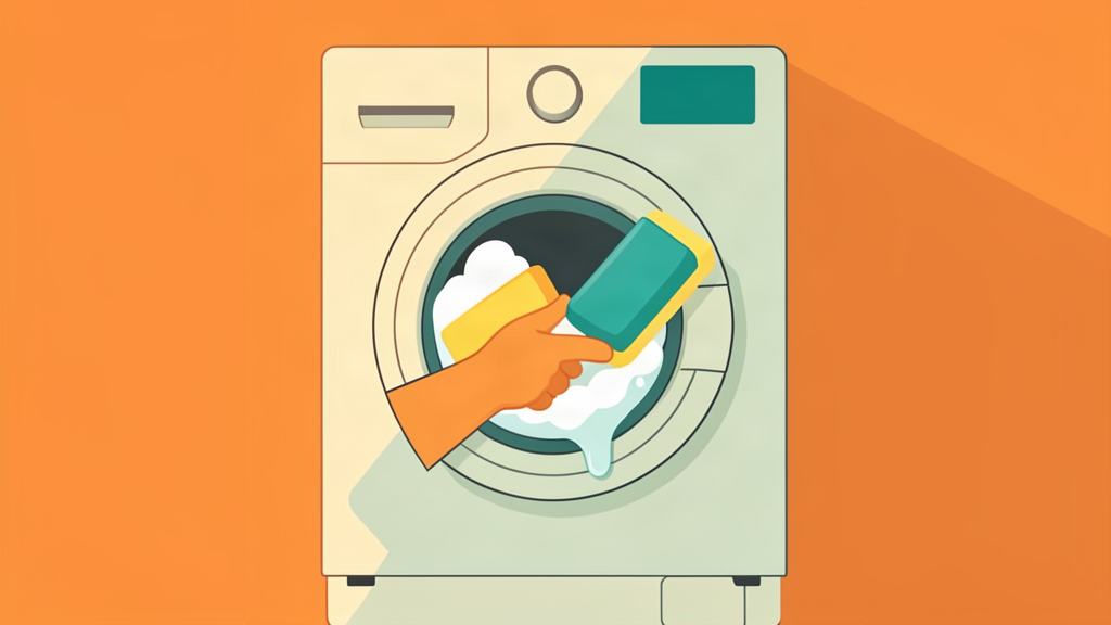 Een wasmachinetrommel die wordt schoongemaakt met een spons en reinigingspray